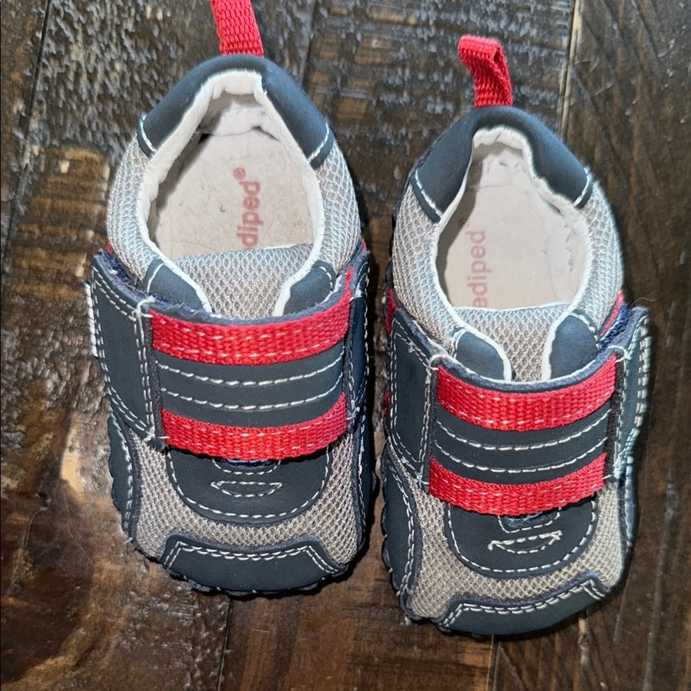 0/6m Pediped Kids Shoes with leather Soles- Red gray and blue Velcro like new